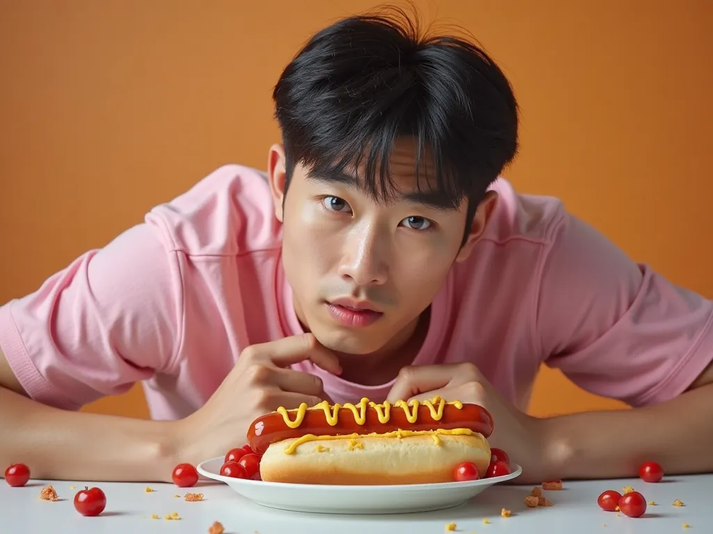 Full body image of a Korean man looking towards the camera,  Wears a pink t-shirt ,  shorts Pink , lying scared over a hot dog. mustard , ketchup, line the top of the man served on a plate , tomatoes, Cherrys around the plate