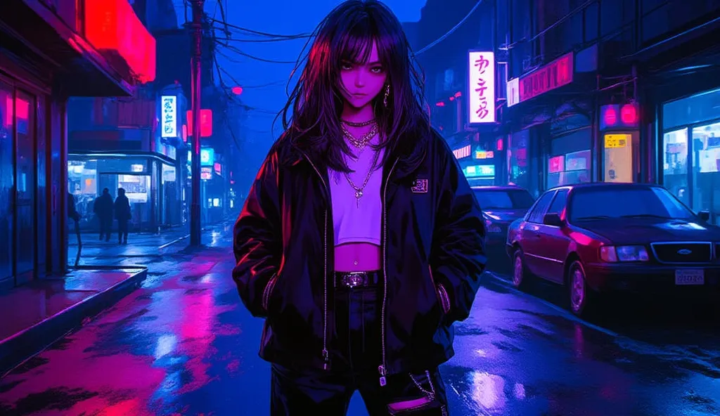 A 90s-style album cover blending a realistic urban background with a hand-drawn anime girl in the foreground. The background is a gritty city street at night, with neon signs reflecting on wet pavement, creating a moody, underground atmosphere. The anime g...