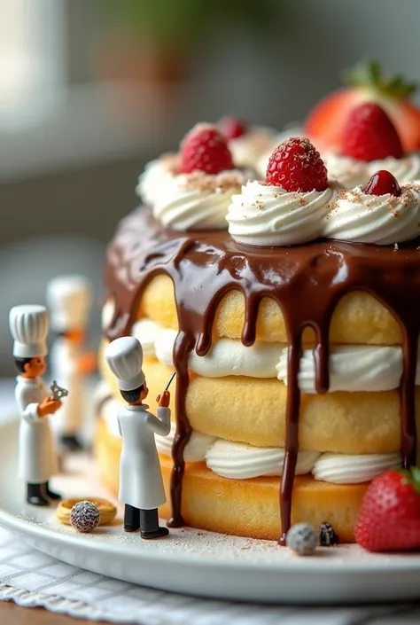 Sure! Here is a long, detailed English prompt for your request:

"A surreal macro-style photograph capturing miniature bakers working on an enormous dessert. The bakers, dressed in crisp white chef uniforms and traditional tall white hats, meticulously dec...