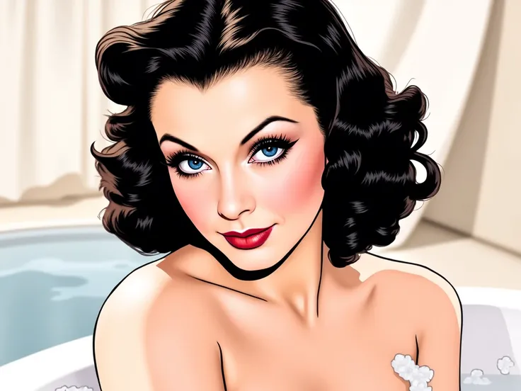 (masterpiece:1.2, Best Quality),8k, wallpaper,((american Comic art, thick outline, flat color:1.3)),(Vivien Leigh, nude, blushing skin), view from front, (((full body, messy hair, bathing))), perfect eye, looking camera sensually, detailed face, sensual ex...