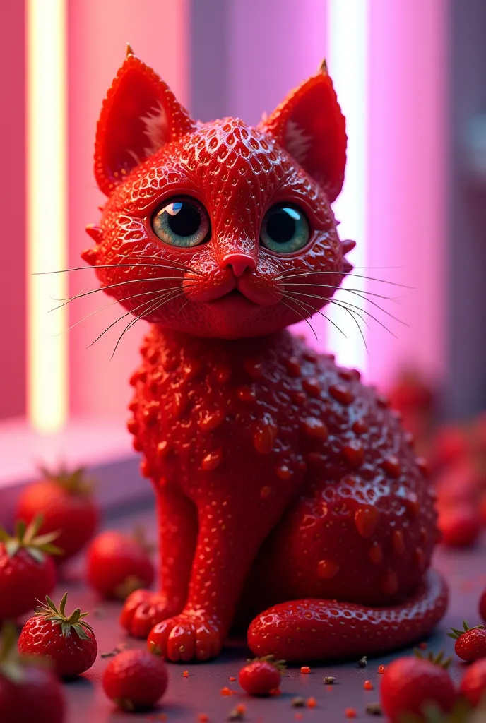 BEAUTIFUL CAT MADE OF FRUIT STRAWBERRY, IN DIGITAL ART STYLE, NEON BACKGROUND, CLOSE-UP, HYPERDETAIL, 16K, CARTOON, FANTASY STYLE