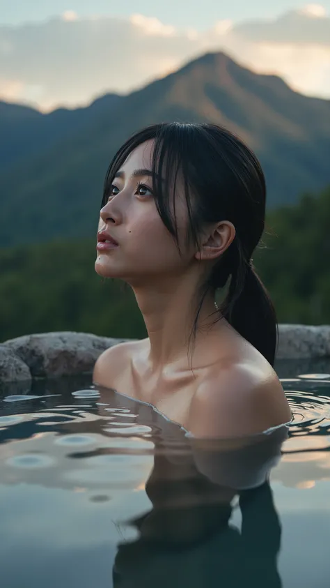 A high resolution photograph of a Japanese young woman bathing in a hot spring with bare shoulders, in a remote mountain area at dusk.
Her upper body is reflected in the hot spring water.
Her black hair is tied back.
A realistic photography with amazing qu...