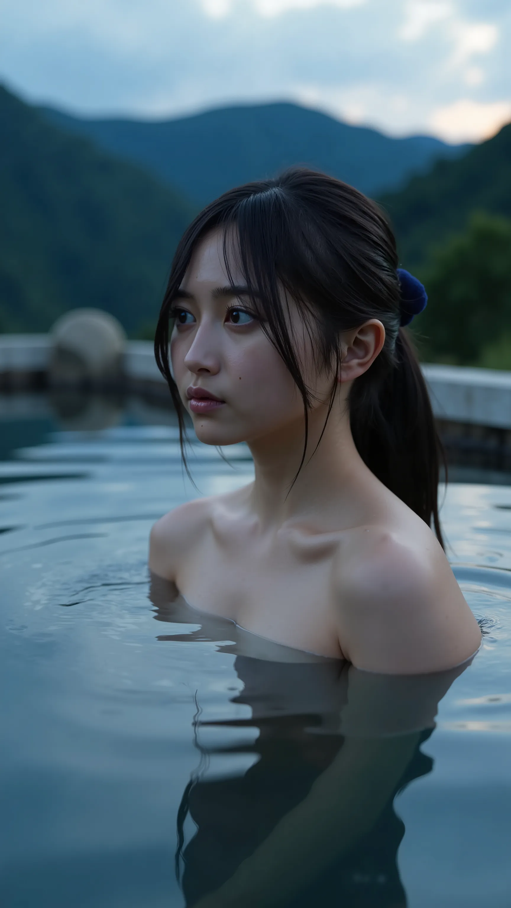 A high resolution photograph of a Japanese young woman bathing in a hot spring with bare shoulders, in a remote mountain area at dusk.
Her upper body is reflected in the hot spring water.
Her black hair is tied back.
A realistic photography with amazing qu...