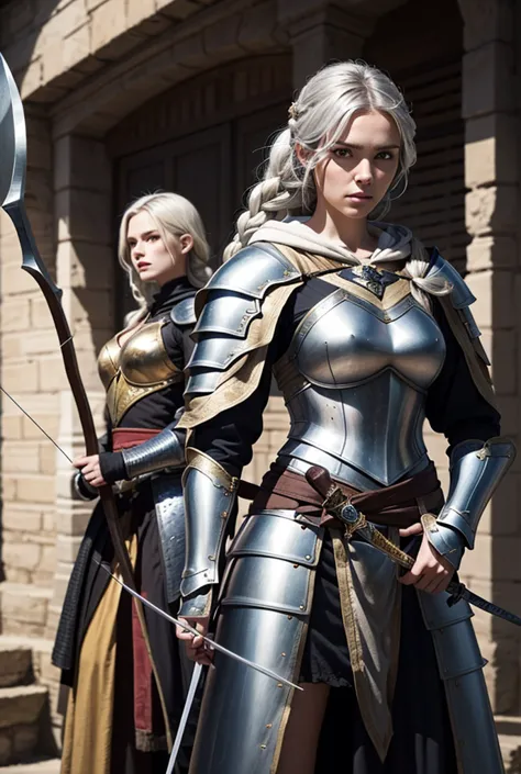 realistic image quality, group of 3 women, The image shows three women, A woman knight in armor black hair with sword and shield, The other woman with silver hair, Braided is an archer has a long bow accessories two daggers at the waist and hood, And the t...