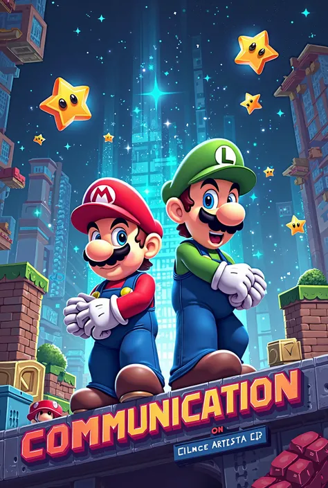 Generate cover for school with an image of Mario Bros with a communication theme