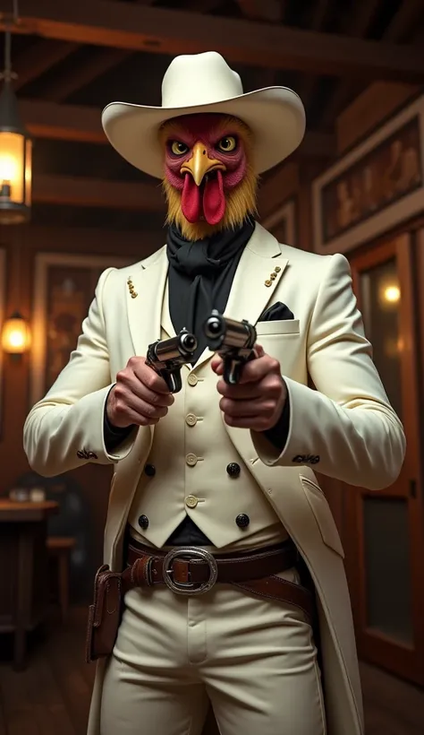 A tall, human-like Gallic Rooster with a muscular humanoid body, standing in a tense Wild West standoff. He wears a wide-brimmed white cowboy hat and a sleek, white Western-style suit with black detailing and buttons. A black neckerchief is tied neatly aro...