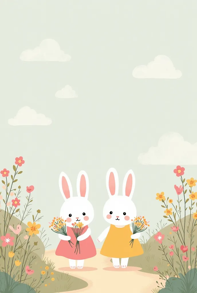 A tender pastel-style illustration of two white bunnies walking along a path surrounded by soft-colored flowers. Each one wears a dress, one pink and one yellow, and small cloth bags hanging from their arms. In their little hands they hold bouquets of fres...