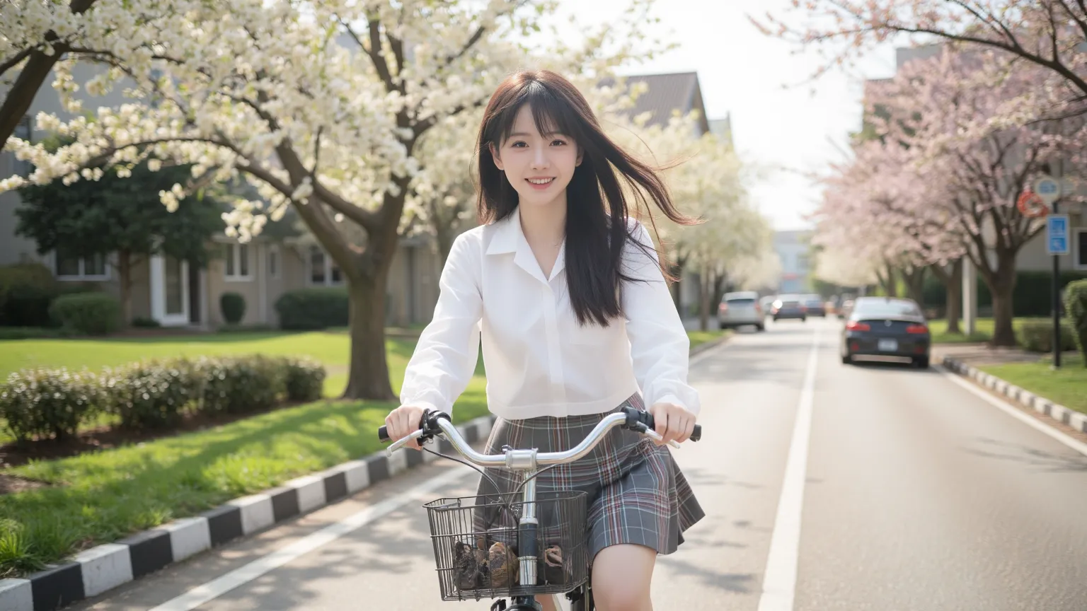 A high school girl in a white blouse and plaid skirt, riding a bicycle to school, wind blowing through her hair, school bag in the front basket, bright summer morning, anime-style, ultra-detailed