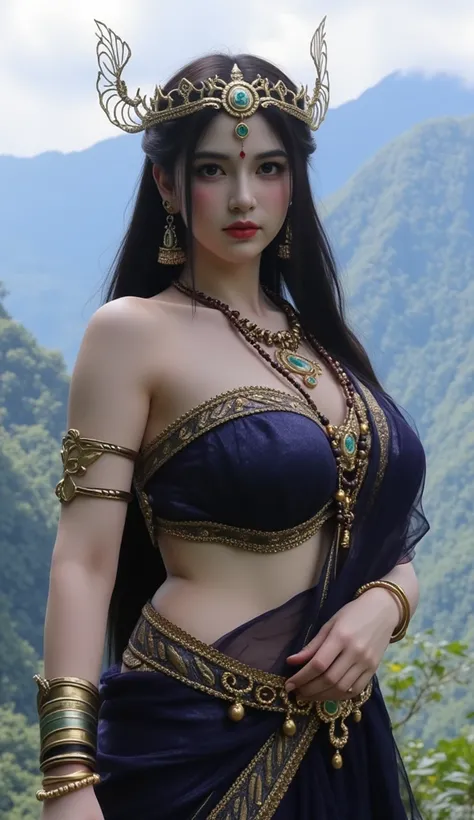 A beautiful celestial nymph with desi facial features curvy body, thick body type,  and huge breast and mesmerizing facial features, hazel blue eyes and round iris, photo realistic features and lush green mountains in backdrop, extremely seductive, wearing...