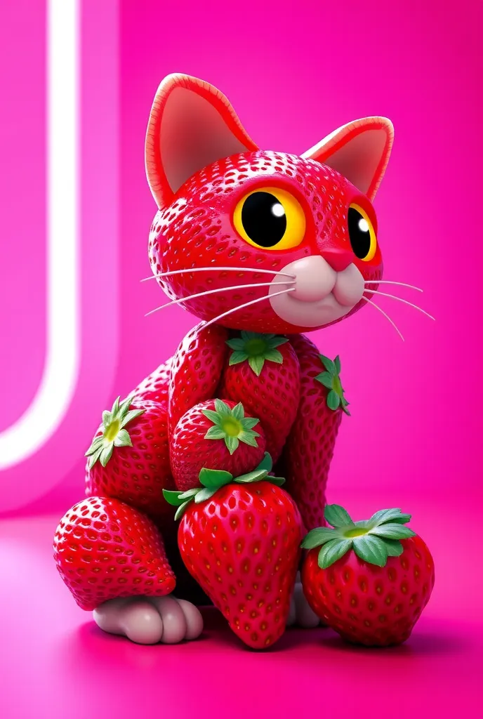 BEAUTIFUL CAT MADE OF FRUIT STRAWBERRY, IN DIGITAL ART STYLE, NEON BACKGROUND, CLOSE-UP, HYPERDETAIL, 16K, CARTOON, FANTASY STYLE