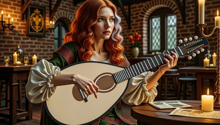 make a brown lute and let the girl sing with a smile on her face 