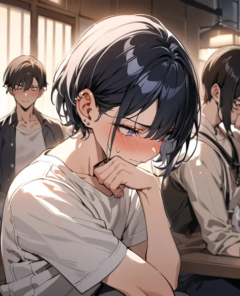 ((masterpiece, best quality)), androgynous male, feminine features, short hair, bob cut, blushing cheeks, embarrassed expression, shy pose, averting eyes, hand covering mouth, delicate jawline, soft eyes, long eyelashes, slender build, slightly feminine bo...