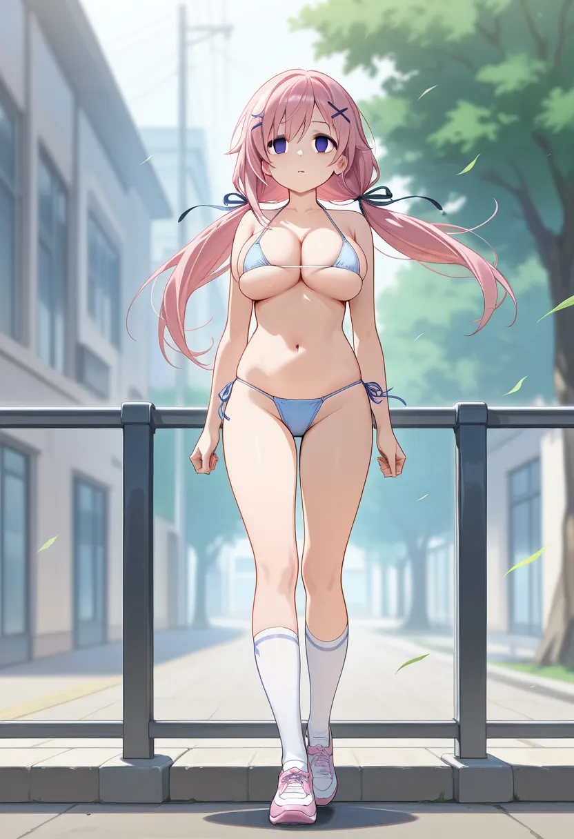 A Mysterious Transfer Student, waiting for someone ,Wind, , large breasts,  blue eyes, pink hair, low twintails, long hair, x hair ornament, hairclip, hair ribbon,., empty eyes , micro bikini, full body