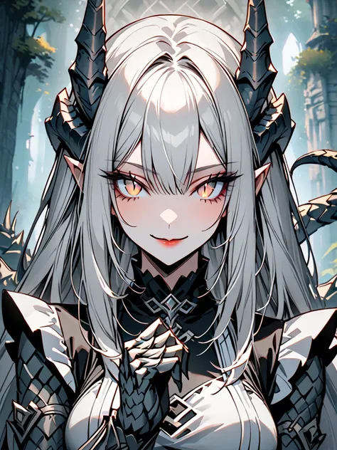 solo, female, long white grey hair, straight hair, silver eyes with slit pupils, scales on arms, clawed hands, large breasts, tall, elegant dress, maid dress, religious, fantasy, gentle smile, stone temple outdoors, large clawed hands, tail, draconic horns...