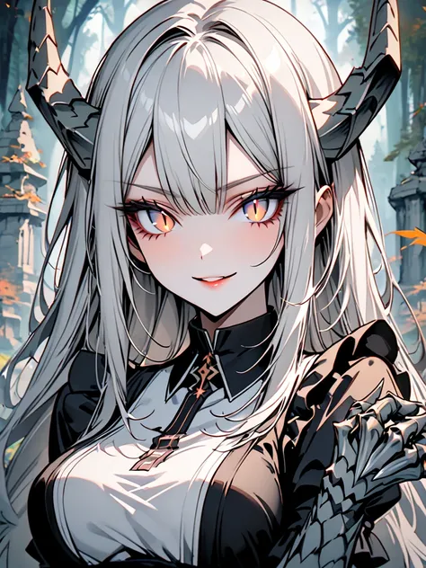 solo, female, long white grey hair, straight hair, silver eyes with slit pupils, scales on arms, clawed hands, large breasts, tall, elegant dress, maid dress, religious, fantasy, gentle smile, stone temple outdoors, large clawed hands, tail, draconic horns...