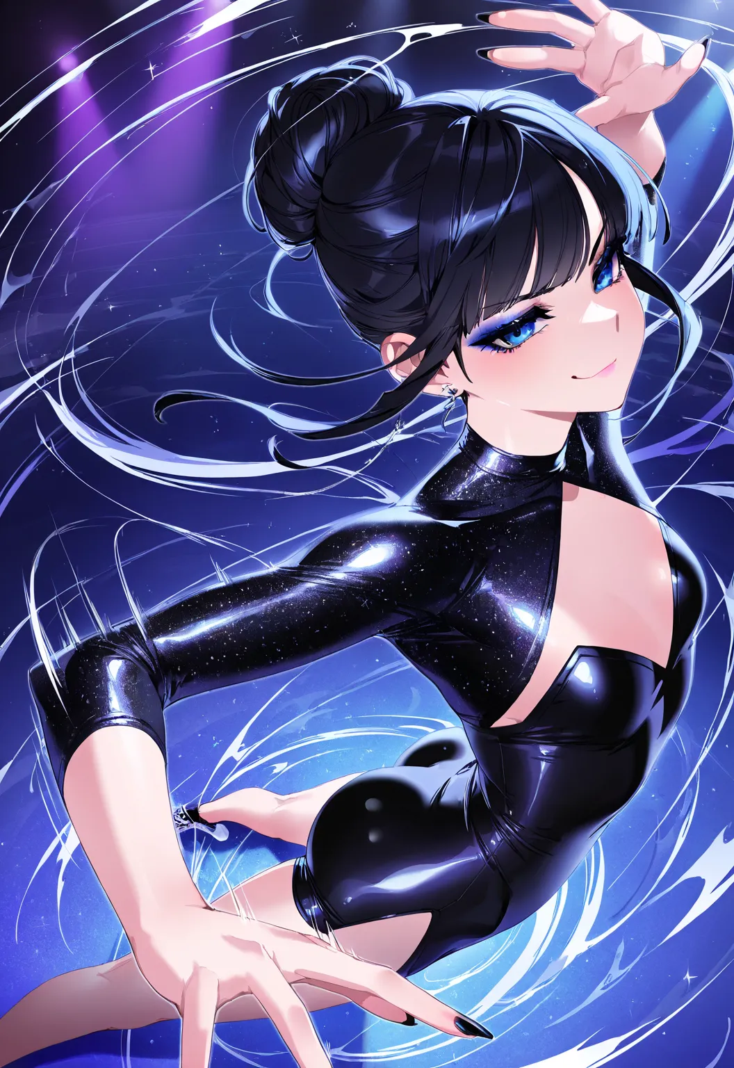 (sfw:1.5), makeup gyaru, cool beauty, solo girl ,glitter black costume, figure_skating, spinning, black hair, blue eyes, single hair bun, slender, small breast, serious, smug, motion lines, perspective, from side