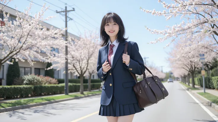 A cheerful high school girl in a navy blue blazer and pleated skirt, walking to school on a sunny morning, carrying a school bag, clear blue sky, cherry blossoms along the road, anime-style, ultra-detailed