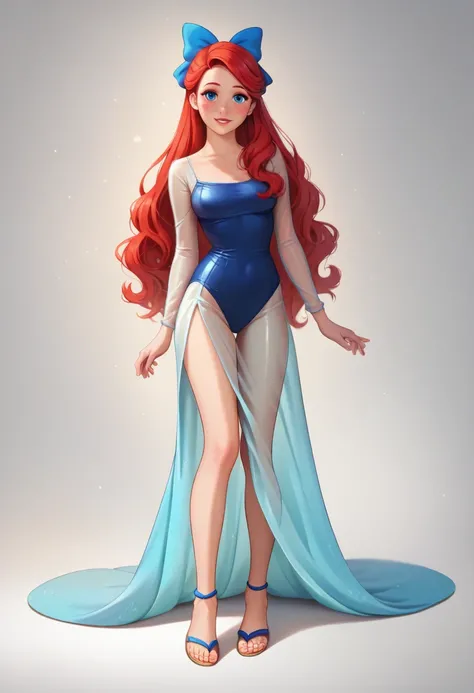 ((full body shot, standing, feet on the ground)) masterpiece, best quality, highly detailed, score_9, score_8_up, score_7_up, score_6_up, anime source, BREAK ariel, 1girl, solo, dress, red hair, gladoador sandals transparent, long hair, blue eyes, flower, ...