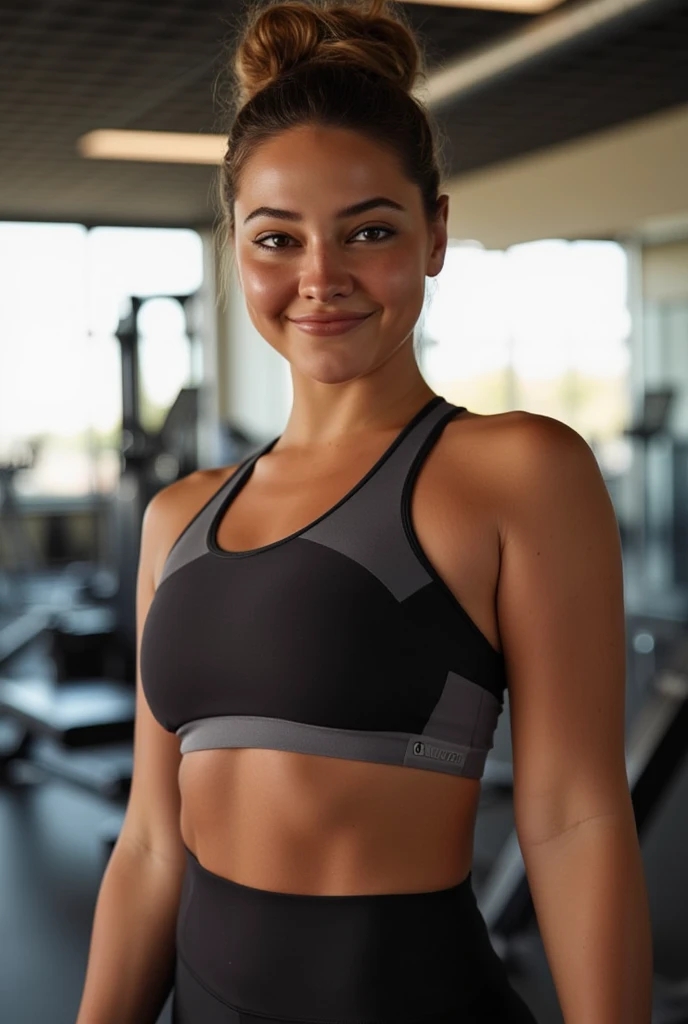 Hyper-realistic, high-res portrait of a strikingly attractive girl with captivating eyes and a radiant, confident smile in a stylish, form-fitting Lululemon outfit. She wears a sleek black and gray sports bra with a built-in shelf and matching high-waisted...