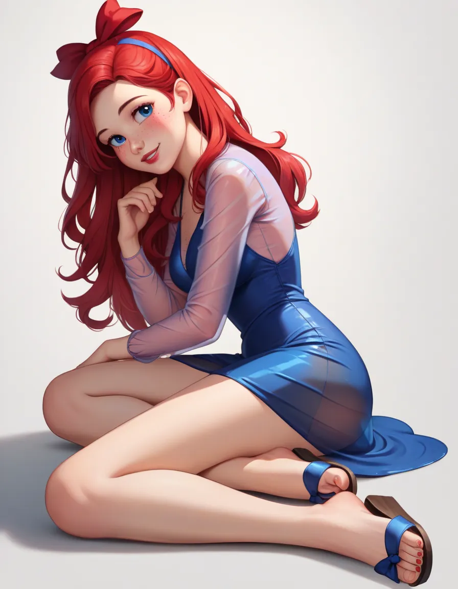 ((full body shot, standing, feet on the ground)) masterpiece, best quality, highly detailed, score_9, score_8_up, score_7_up, score_6_up, anime source, BREAK ariel, 1girl, solo, dress, red hair, gladoador sandals transparent, long hair, blue eyes, flower, ...