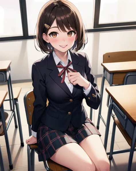 Best quality, high resolution, detailed, beautiful image quality, high school girl, alone, brown hair, short hair, hairpin in bangs, big brown eyes, light colored lips, smiling, blushing, smiling with mouth slightly open, red striped ribbon around neck, be...