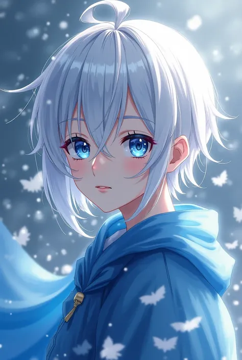 A boy anime character, white hair, long hair,  straight hair, blue eyes, beautiful, design,  Japanese anime .