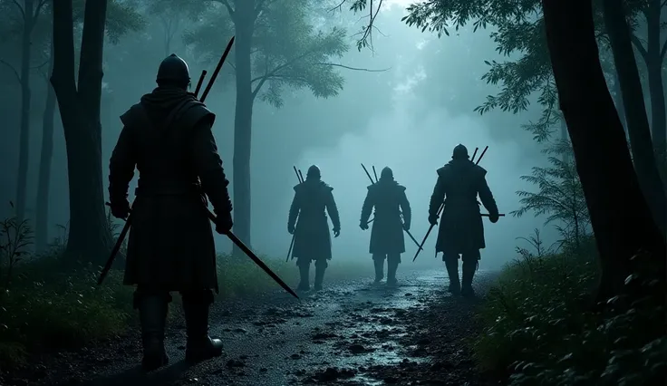 "A dark, rainy, and mystical forest with mist rising from the wet ground. The atmosphere is tense and moody, with dim lighting filtering through the dense trees. In the distance, a group of 3-4 menacing bandits is approaching, their silhouettes partially o...