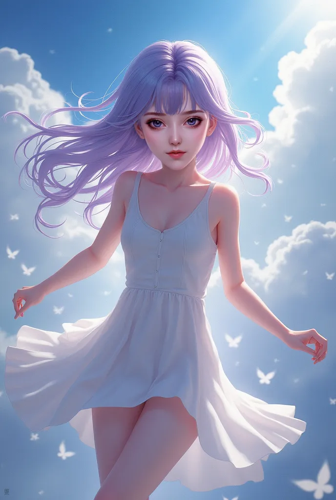 Zǐ yán,A girl in a white dress the size of a  12-,This girl looks about twelve to thirteen years old. Her light purple hair is released long to the waist, and her face is very soft. The girl's appearance is beautiful, white and clear, and her black eyes ar...