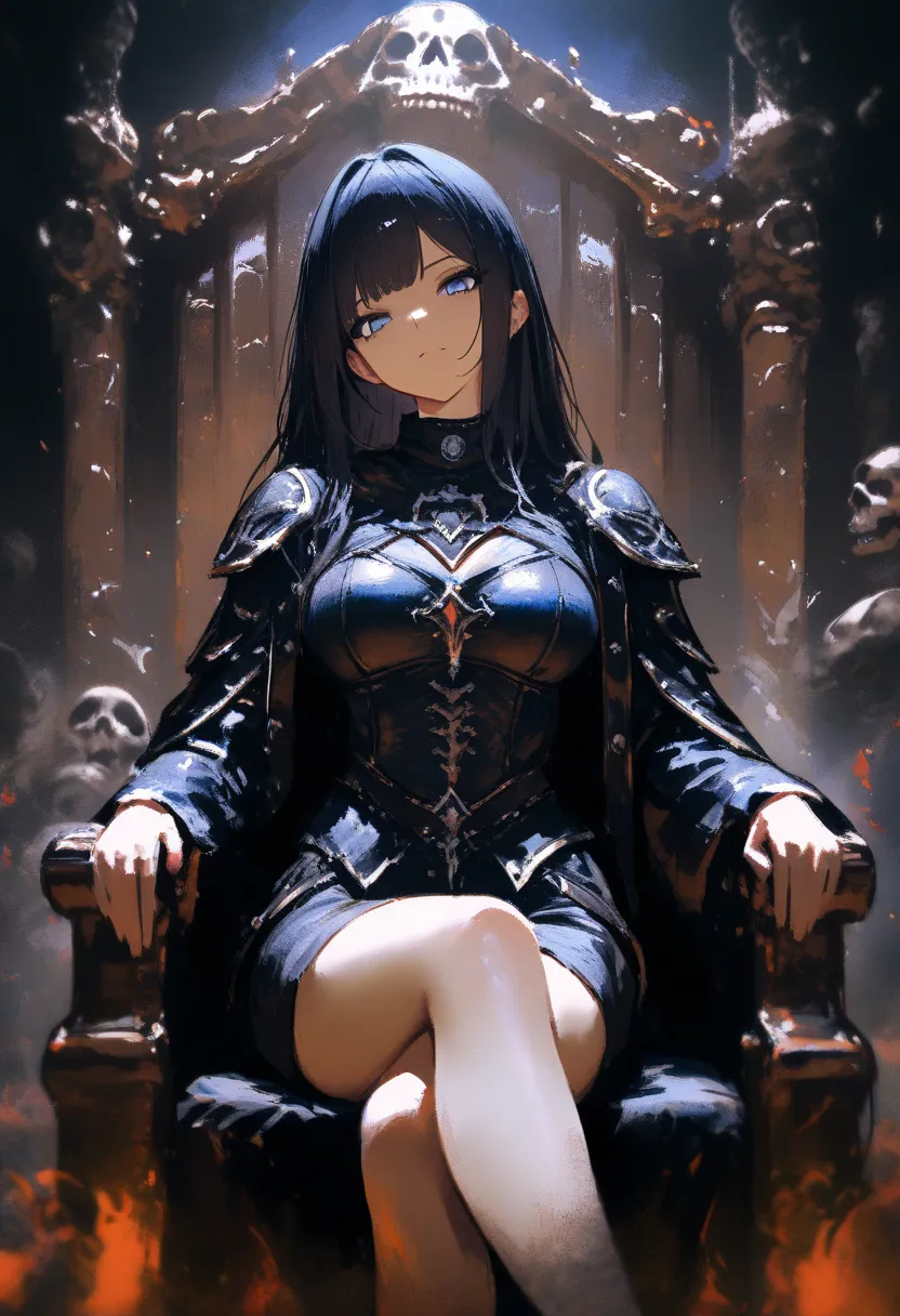 1girl, cleric, goth style, evil aura, black armor, skeletons arround yourself. dark fantasy draw style, sitting on throne made of bones, crossed legs, head tilt, dark ambient, cowboy shot, depth of field, faux traditional media, painterly, masterpiece, hig...