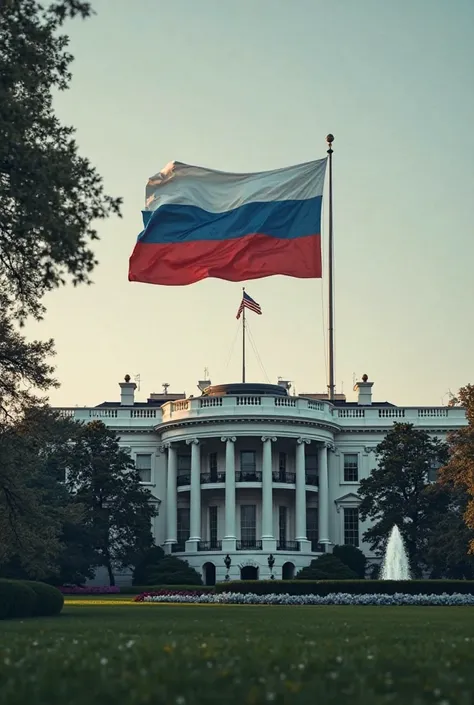 The White House dawns with the Russian flag raised instead of the United States flag.