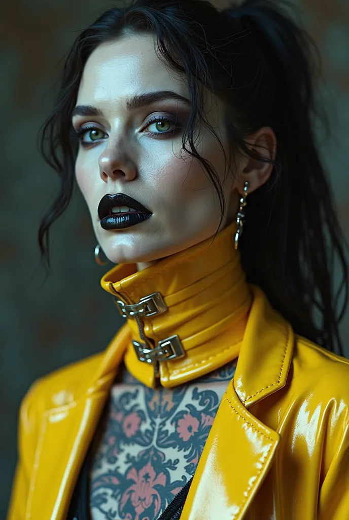 ANGELINA JOLIE, Dominatrix  , pale skin, vampire, nosferatu, dracula, BDSM, blue yellow latex , brilliant, metallic, corps latex noir, leggings en latex noir,   latex Japanese latex kimono  , cuissardes Bottes en latex yellow pour les cuisses, yellow latex...