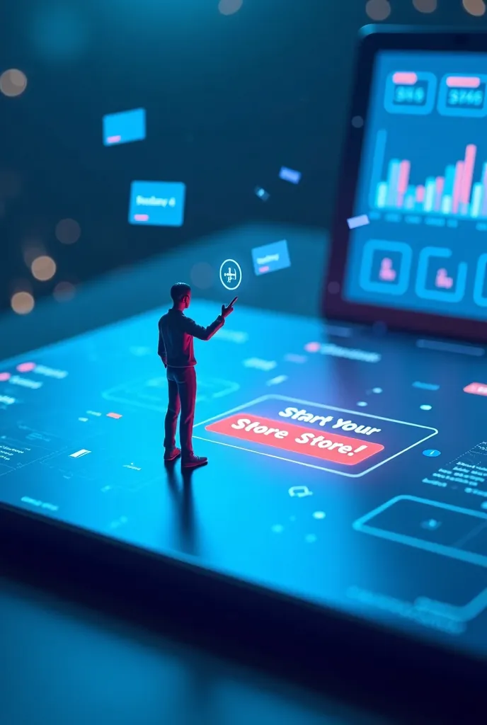 tiny human figure standing on a massive e-commerce dashboard, pressing a glowing 'Start Your Store Now with pyramids code !' button. The futuristic interface is sleek and minimalistic, with floating digital elements representing product listings, payment o...