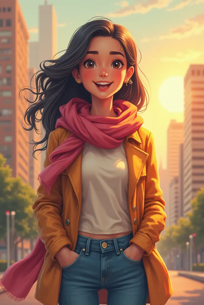 Create a smiling adult girl walking motivational style