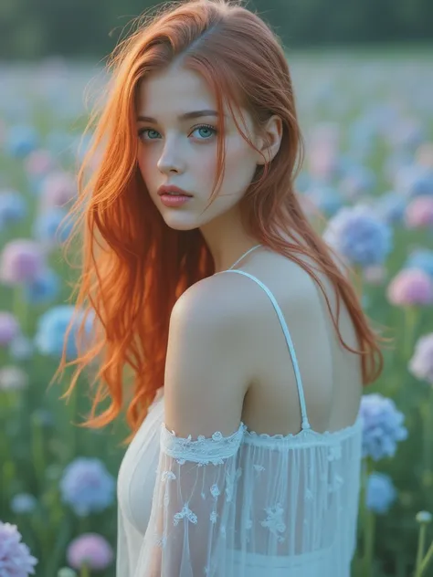 une femme aux cheveux roux dans un champ de fleurs, huge breasts, beauté éthérée, fille rousse, beaucoup de Merlot, beautiful femme rousse, cheveux roux doux, portrait doux en 8 k, femme rousse, incroyablement éthéré, une jeune femme rousse, déesse aux che...