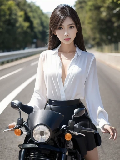 motorcycle, Ride Motorcycle, highway, riding, white blouse, break, black skirt, from diagonal front, ((masterpiece)), ((best quality)), (ultra-detailed), ((beautiful eyes)), Japanese female, (slender:1.3), ((30 years old)), beautiful, (flat chest:1.2),