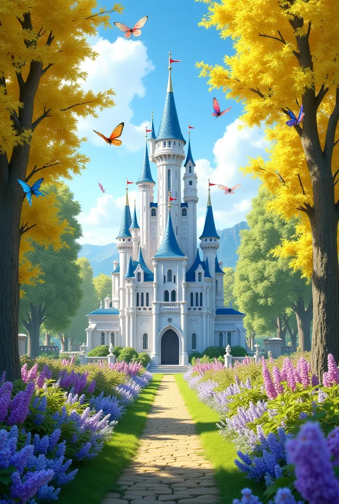 Enchanted garden with a white and blue castle with colorful butterflies and red fairies and yellow trees with lilacs