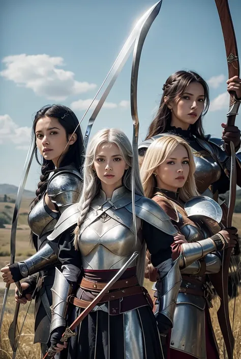 realistic image quality, group of 3 women, The image shows three women, A woman knight in armor black hair with sword and shield, The other woman with silver hair, Braided is an archer has a long bow accessories two daggers at the waist and hood, And the t...