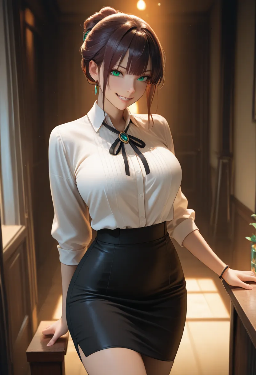 Masterpiece, dark auburn hair, jade eyes, perfect face, perfect figure, secretary, tight updo, shadow on eyes, small evil smile, tight pencil skirt with slit up the side, tight blouse, medium bteasts