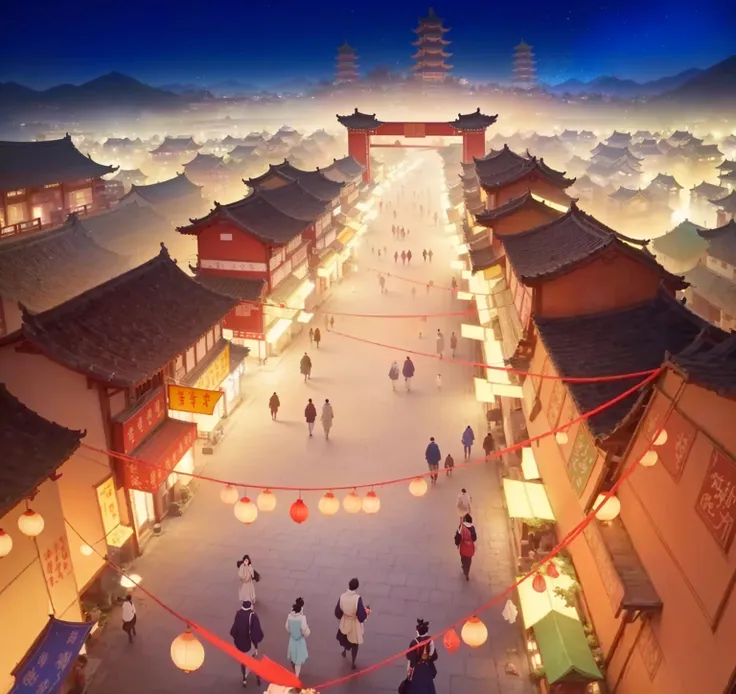 There is a comic depicting a town where people move around,  a bustling town ,  Beautiful Rendering of the Tang Dynasty ,  The dreamy Chinatown ,  There is a bouquet of flowers beside  , Changan，Ancient city landscape, Opening, Animated movie screenshots, ...