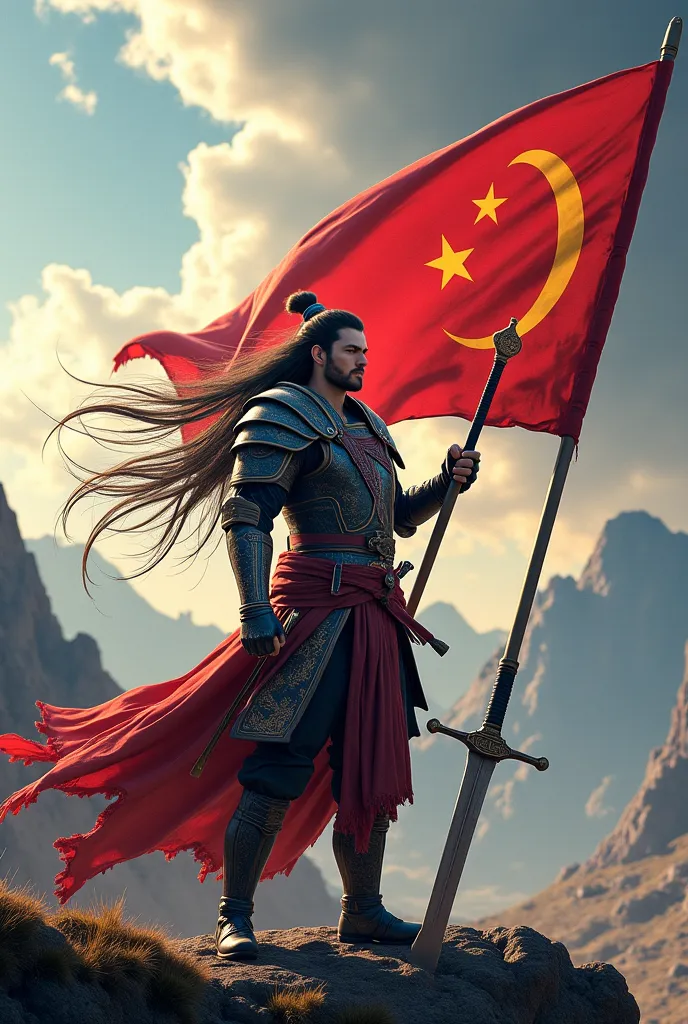 Create epic and cool donghua images.there was a long-haired man standing coolly and gallantly holding a flag that read Wan Qi in chinese and next to him was a big sword stuck on the ground