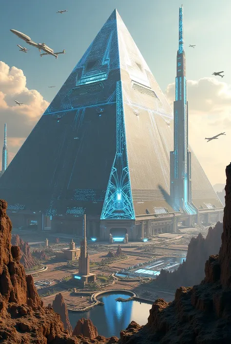 Egyptian pyramids rendered in futuristic form