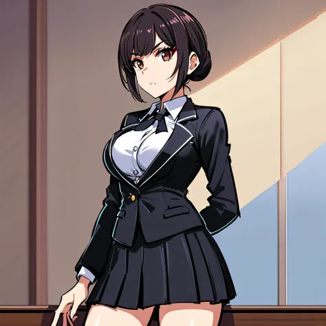  1 woman,, brown eyes, black-haired outfit tied, breasts, series, brown eyes, Elegant school background, Ripe in a bun . Uma expressão series, stoic.

formal clothes. school uniform. black jacket.  black skirt. gravata. white shirt.