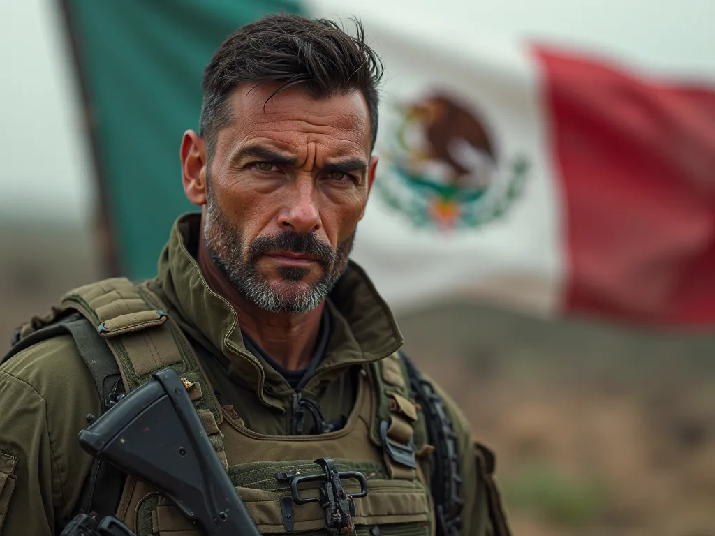 hyper realistic photo of a man in the foreground of Mexico's deadliest special forces, War and the Mexican flag in the background