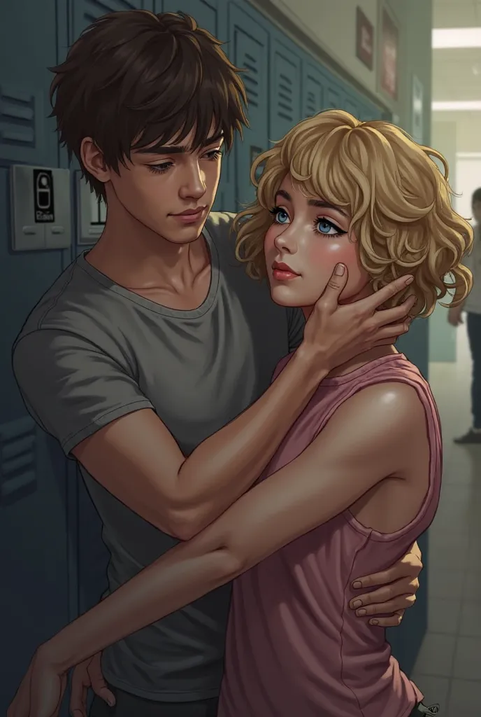 A guy holds a girl under her elbow because she loses consciousness. Brunette guy, a girl with blond short curly hair and eyes as dark as night. The story takes place at school 