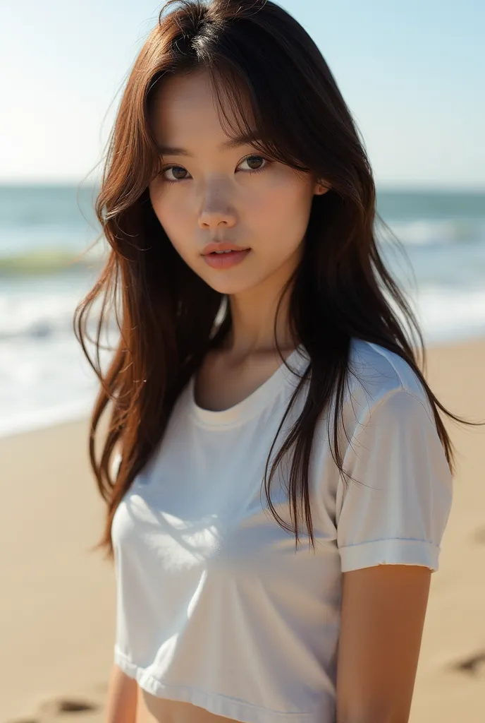 ((masterpiece)), ((Best Quality)), (portrait of a beautiful girl),(Best quality, High resolution, Masterpiece :1.3), A pretty woman, Slender figure, Dark brown hair, T-shirt, (Sandy beach with gentle waves), Highly detailed face and skin texture, Detailed ...