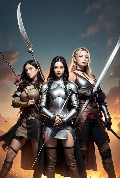 realistic image quality, group of 3 women, The image shows three women, A woman knight in armor black hair with sword and shield, The other woman with silver hair, Braided is an archer has a long bow accessories two daggers at the waist and hood, And the t...