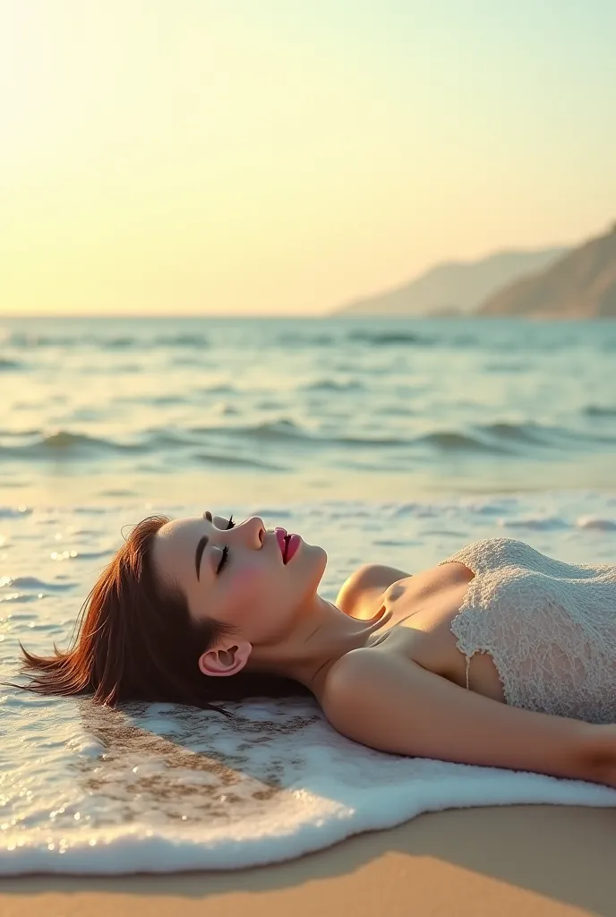 A woman lying on the sand of the beach with water covering part of it on a late afternoon