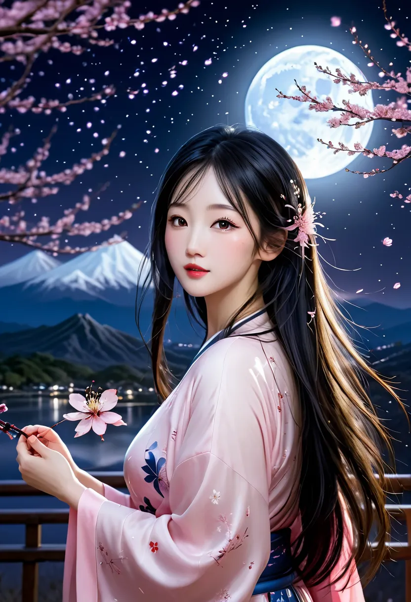 masterpiece, 最high quality, night, Mountain,  full moon, long black hair, Japanese woman,  fireflies, star, Mysterious cherry tree,  Pink Petals Dance, high quality,Hi-Res,  beautiful graphics , high detail