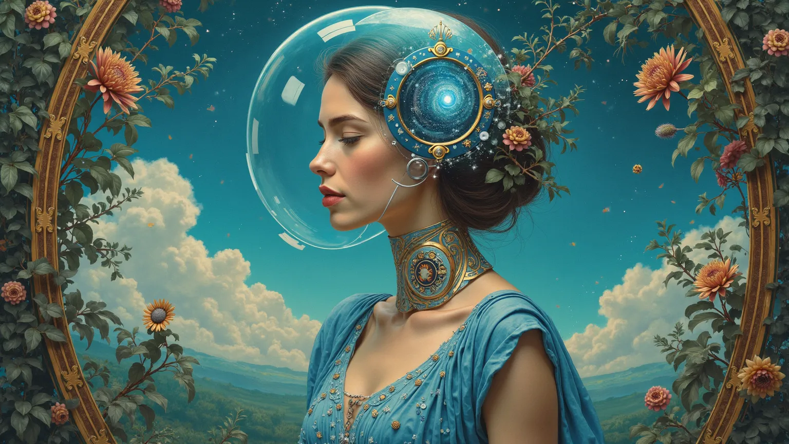 Painting of a woman with a transparent blue helmet and inside which we see a galaxy and a blue dress with a clock, inspired by gaston bussiere, inspired by Vincent Lefevre with hyperrealistic Art Nouveau technologies, style de mouche 4K, A masterpiece of n...