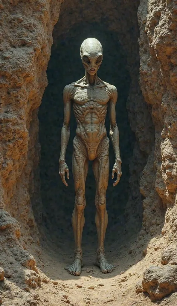 A sci-fi-inspired artistic depiction of a tall, humanoid alien figure with an elongated skull, standing in a dark cave. Behind it, ancient rock carvings show strange symbols and star maps, suggesting a connection between early humans and extraterrestrial v...